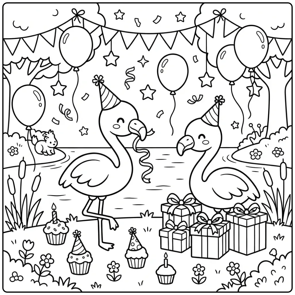 Cheerful Flamingo Birthday with Gifts coloring page