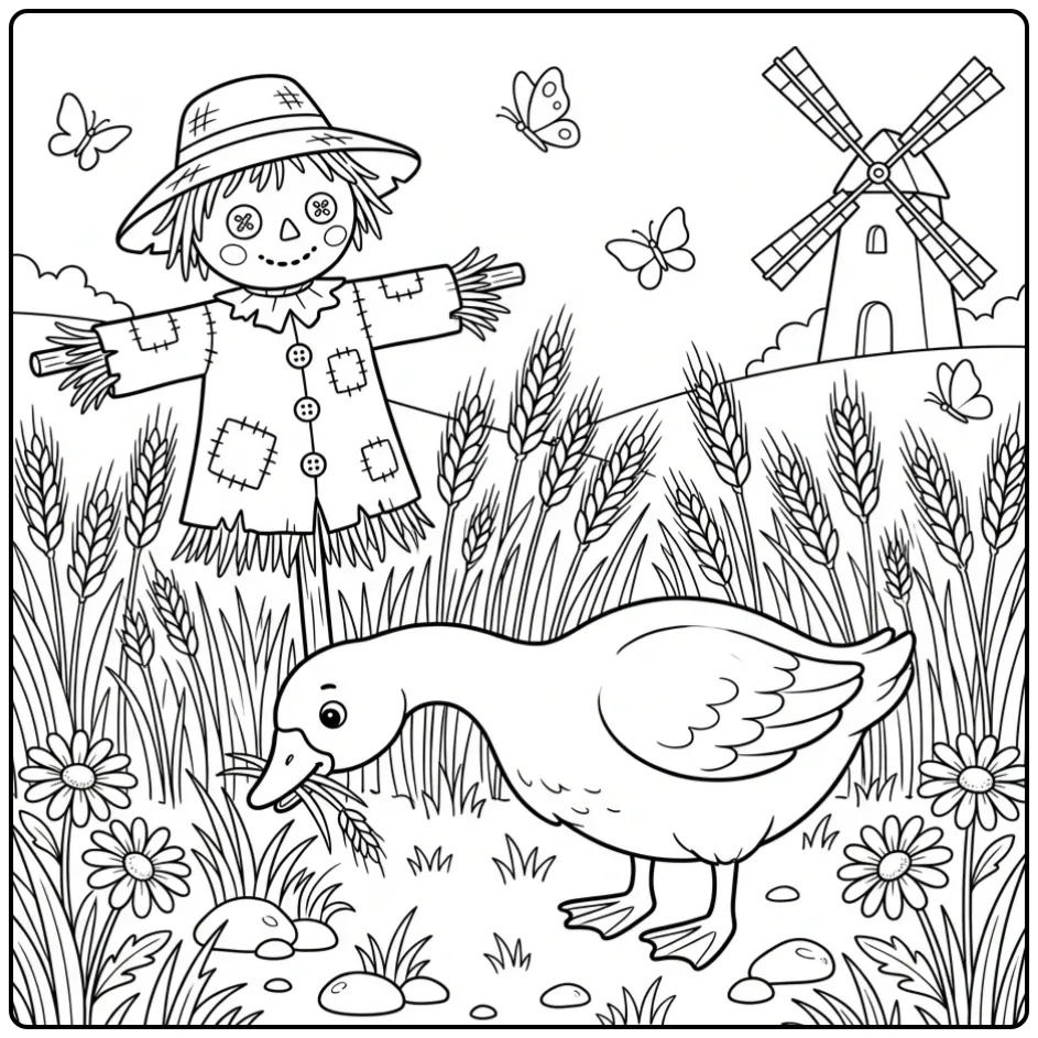 Goose coloring page eating grass by a scarecrow