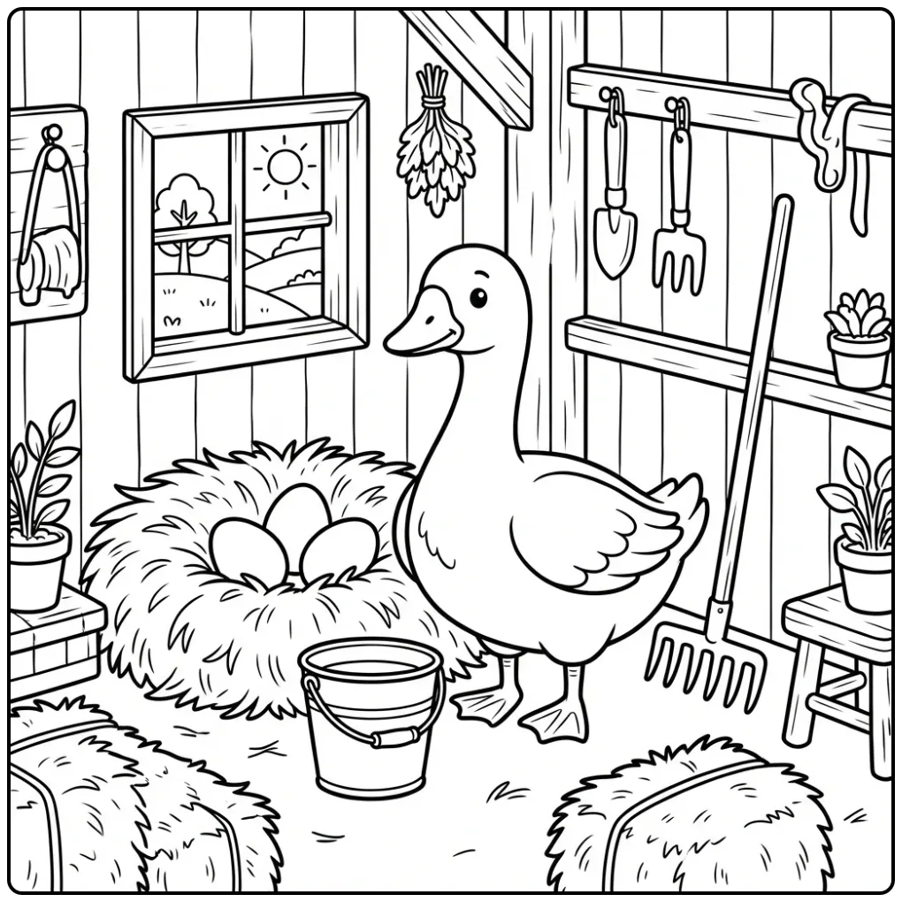Goose coloring page in a cozy barn with a nest