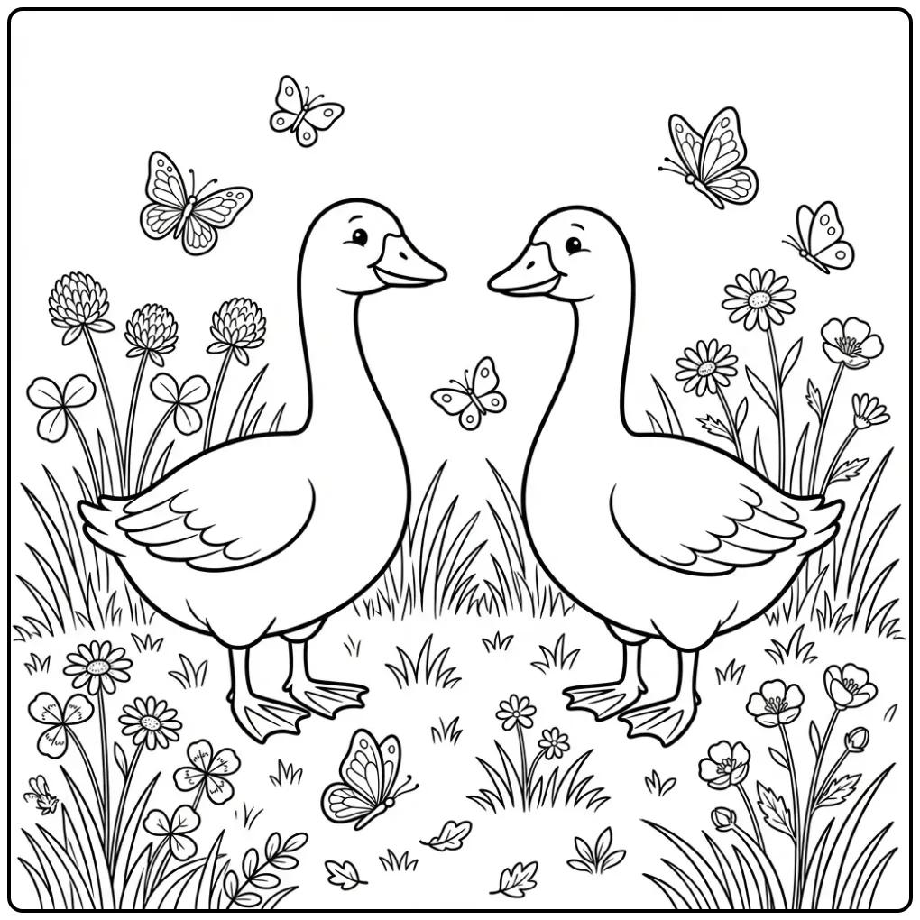 Goose coloring page with two geese in a flower meadow