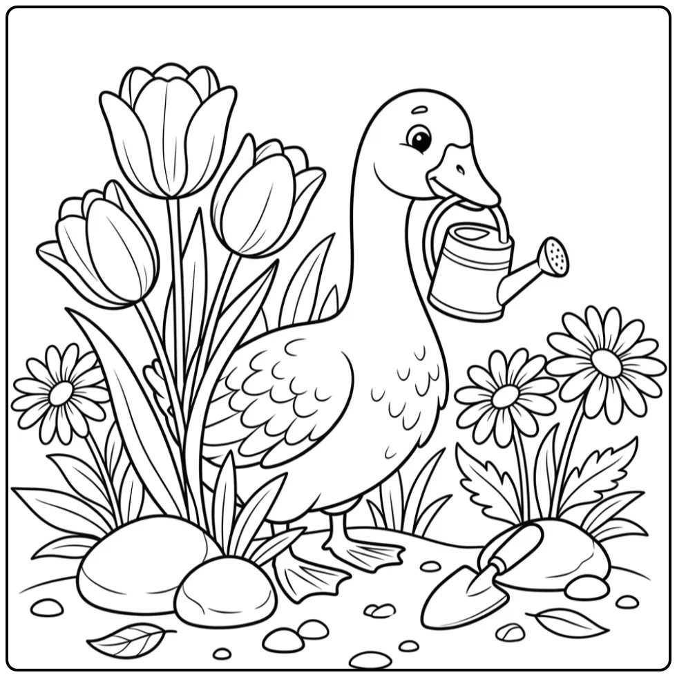 Goose coloring page in a garden with tulips and flowers