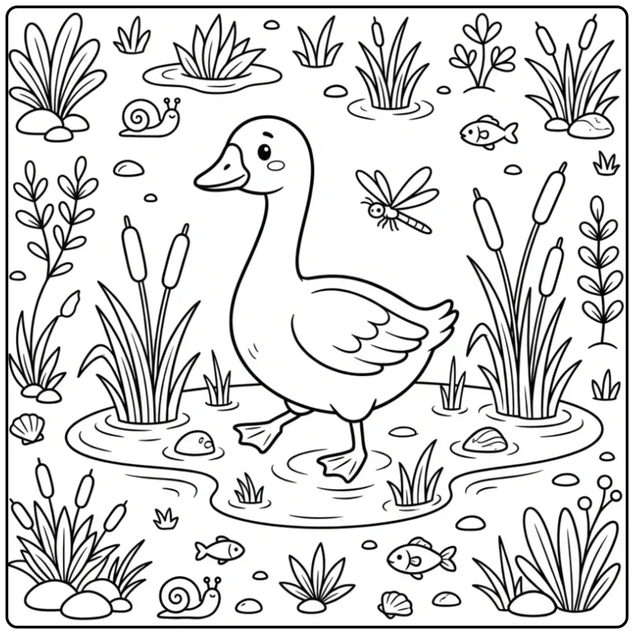Goose coloring page in a marsh with reeds and water