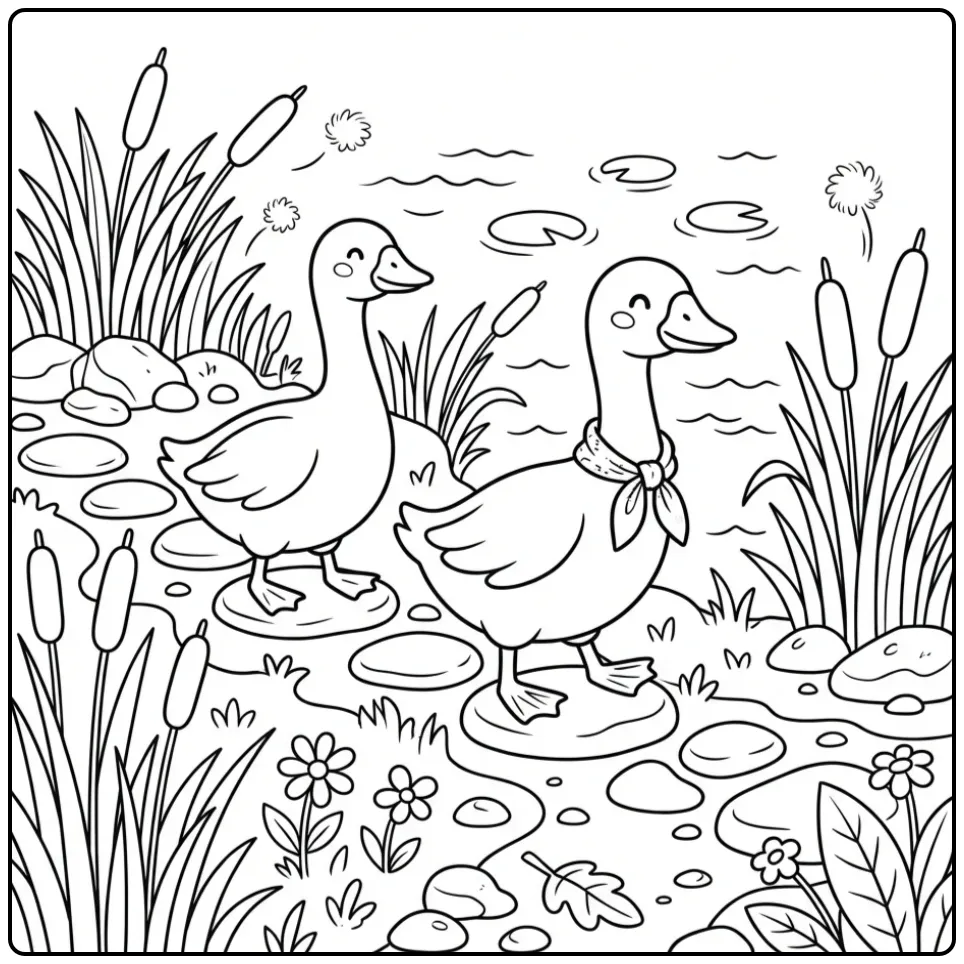 Goose coloring page with a friend walking by the water