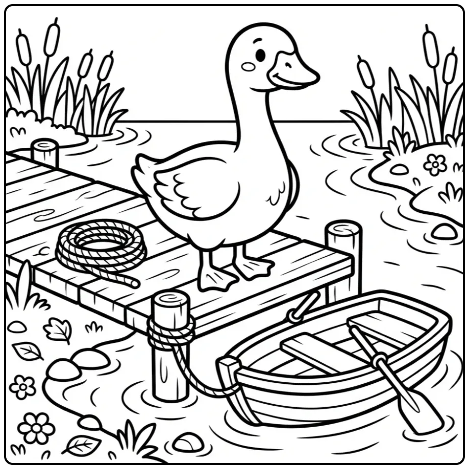 Goose coloring page by a small boat and water