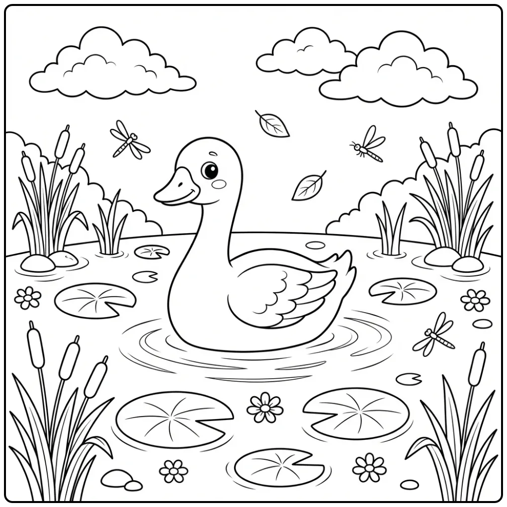 Goose coloring page in a pond with reeds and clouds