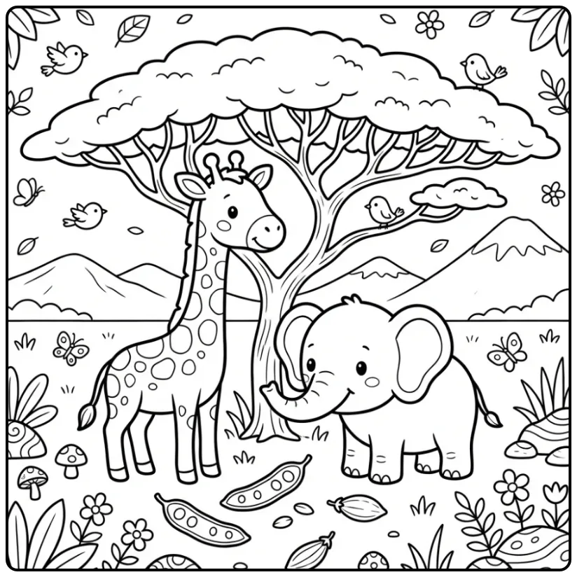 Cheerful Giraffe with a Small Elephant coloring page
