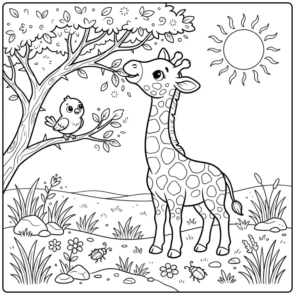 Cheerful Giraffe with a Bird in the Savanna coloring page