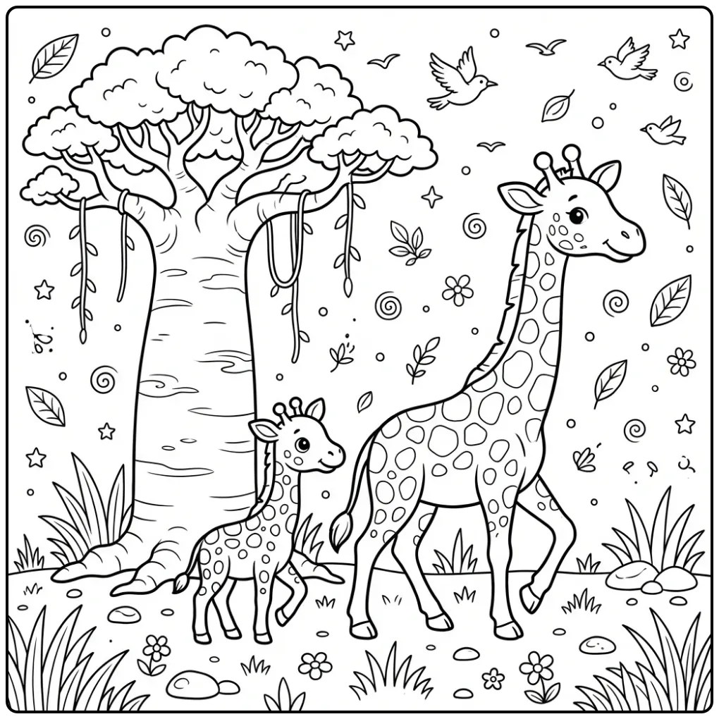 Cute giraffe coloring page with a calf walking by a baobab