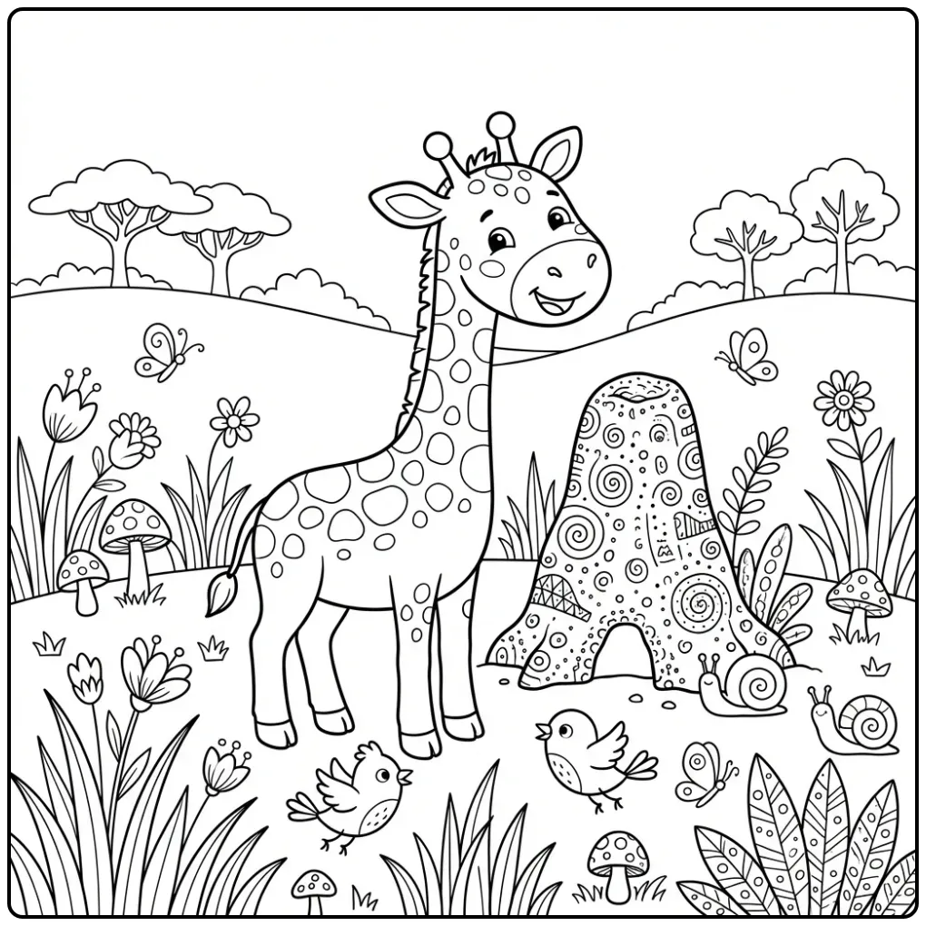 Cheerful Giraffe with Birds and Nature coloring page