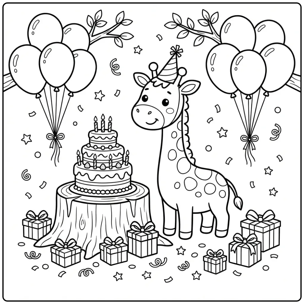 Cheerful Giraffe Birthday with Cake coloring page
