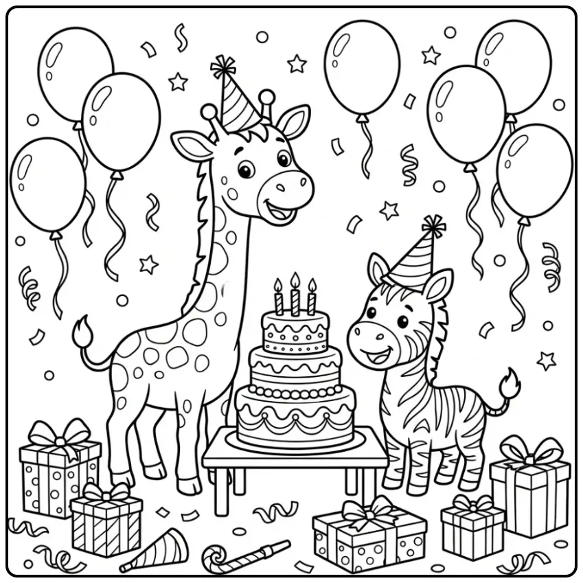 Cheerful Giraffe Birthday with Zebra coloring page
