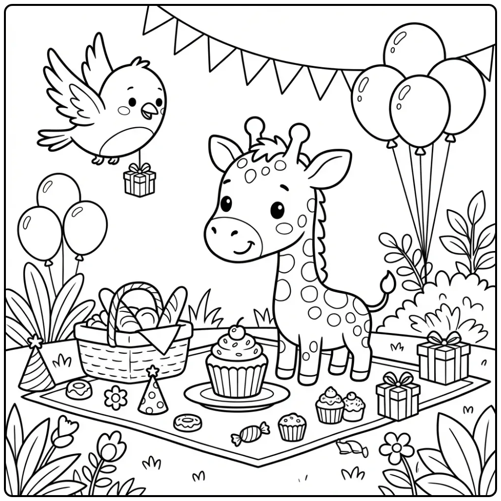 Cheerful Giraffe Birthday Picnic with a Little Cake coloring page
