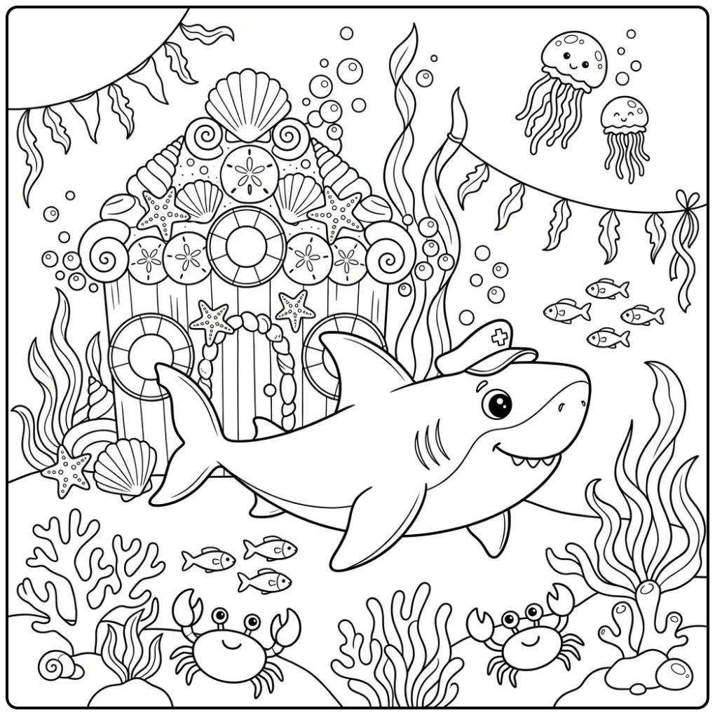 Cheerful Shark as a Lifeguard in the Ocean coloring page