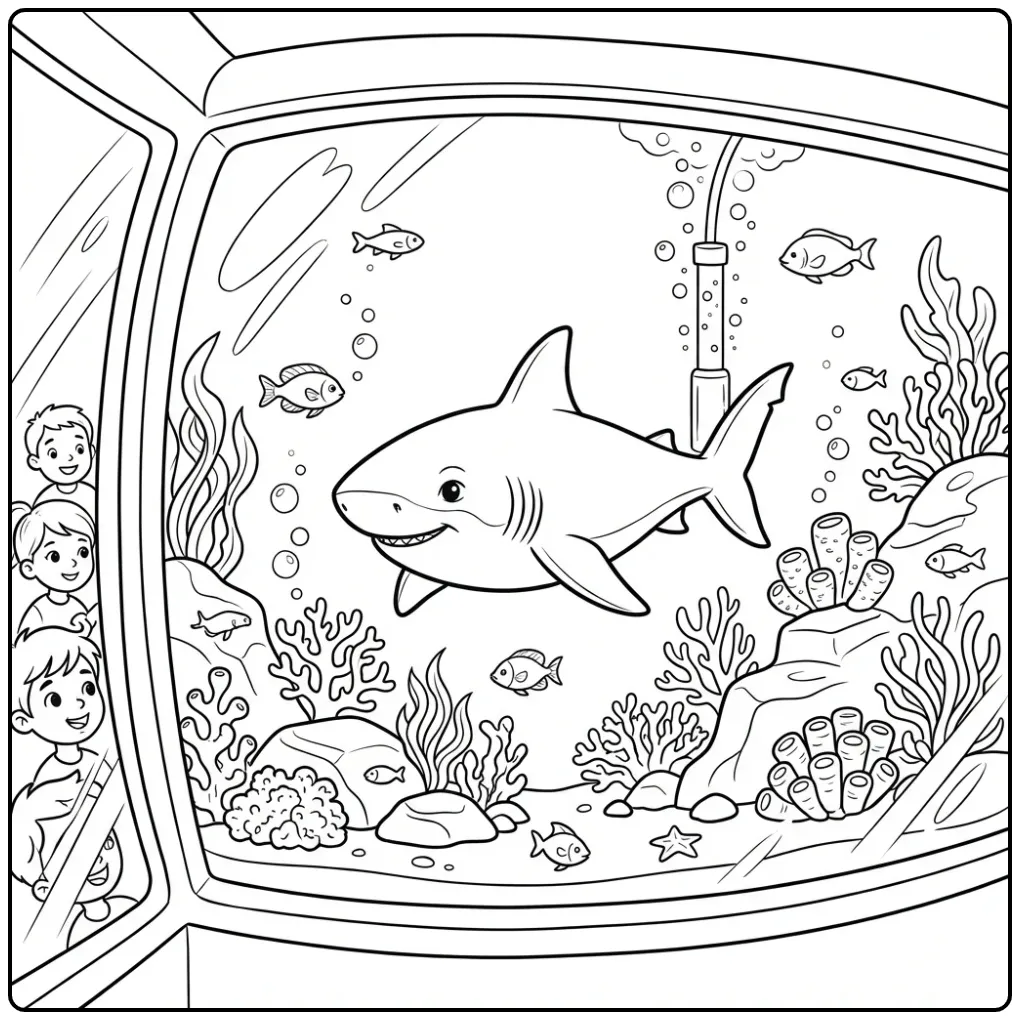 Shark coloring page swimming past coral and rocks