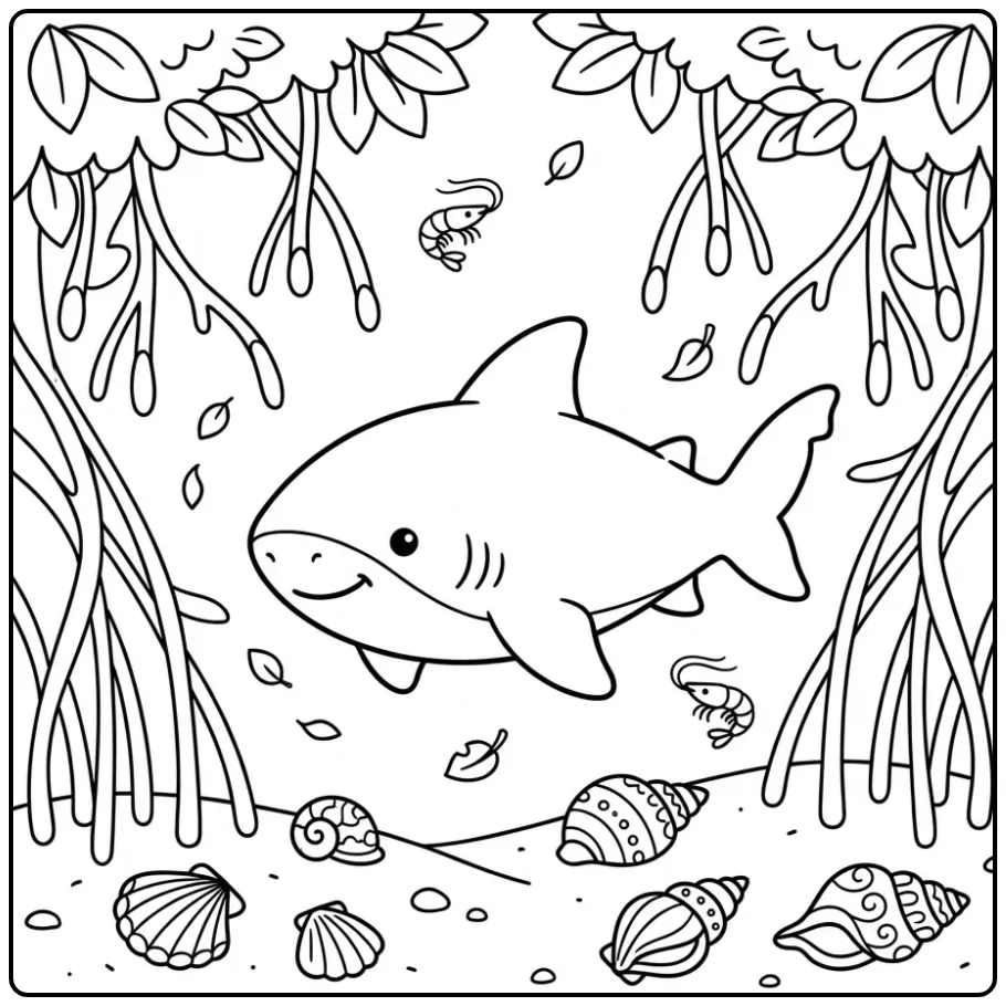 Cheerful Shark with Shrimp and Shells coloring page