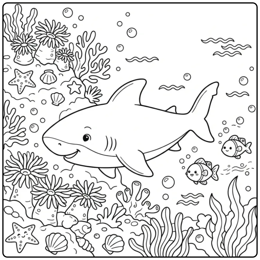 Cheerful Shark with Small Helper Fish coloring page