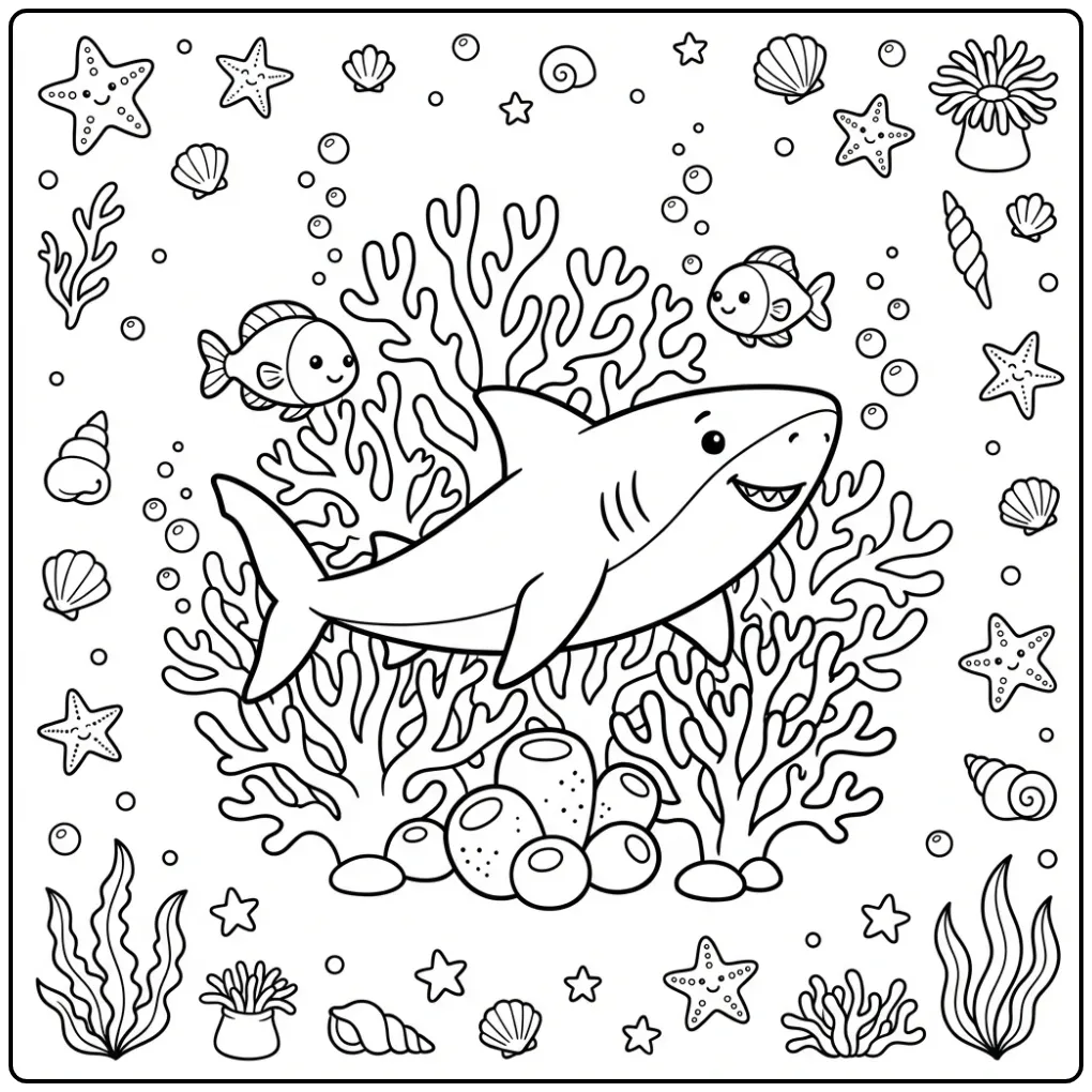 Cheerful Shark with Small Fish and Coral Reef coloring page