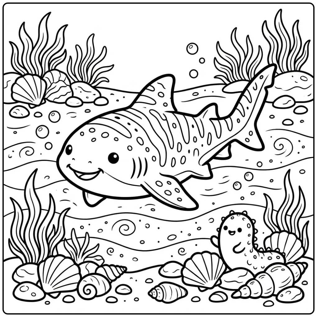 Cheerful Shark with Shells and Waving Seagrass coloring page