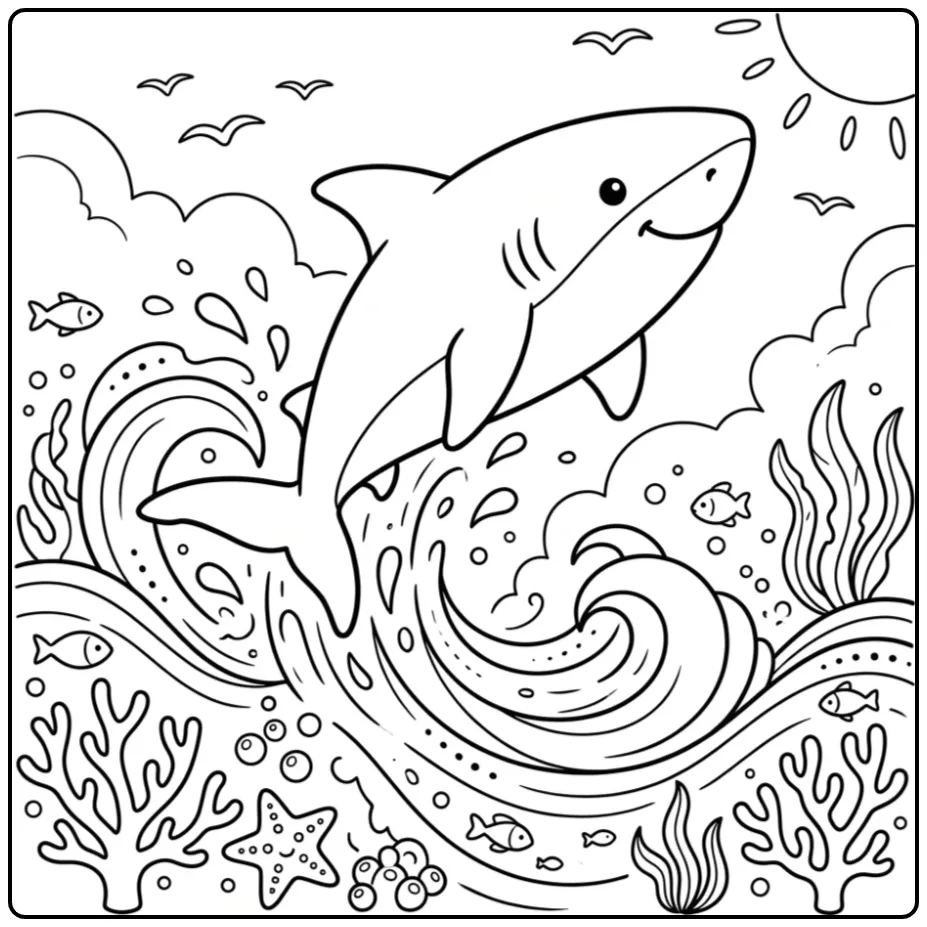 Cheerful Shark Jumping Above the Water coloring page