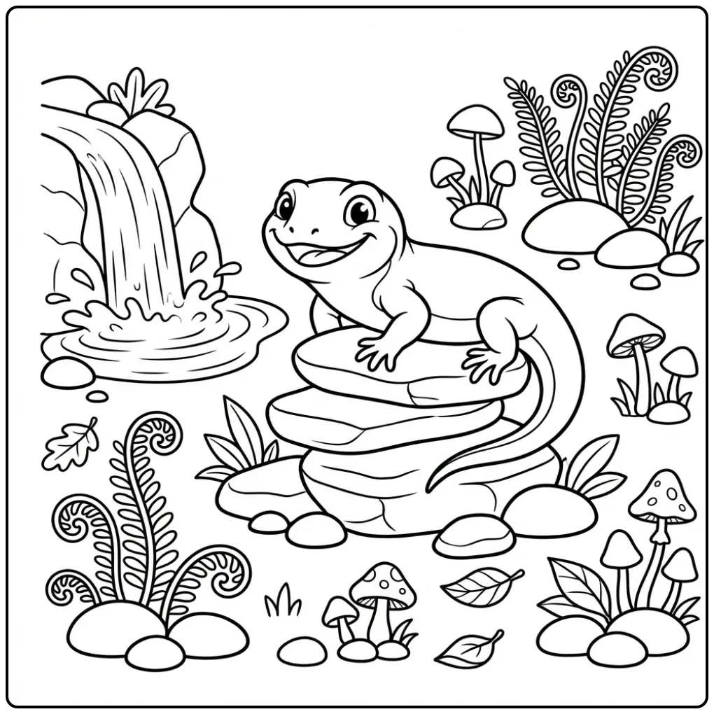 Lizard coloring page on stones by a waterfall