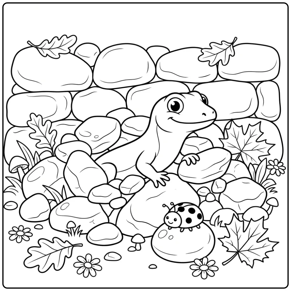 Lizard coloring page between stones and flowers