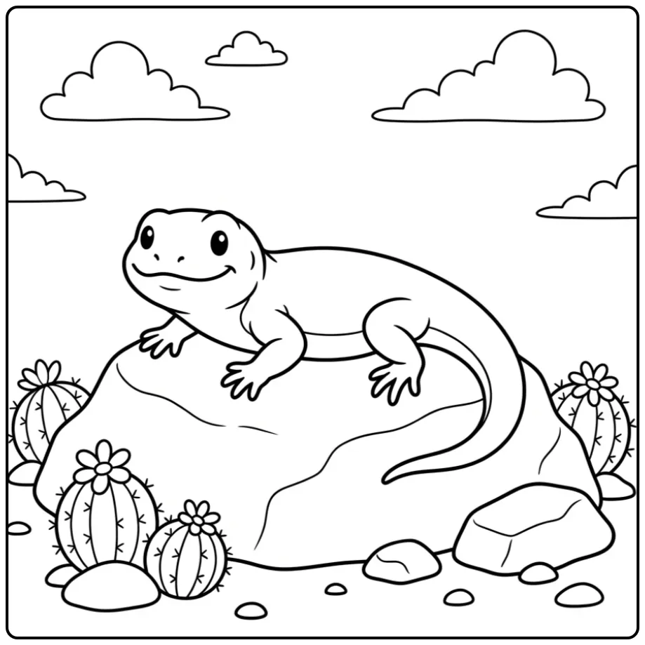 Lizard coloring page sunning on a large rock