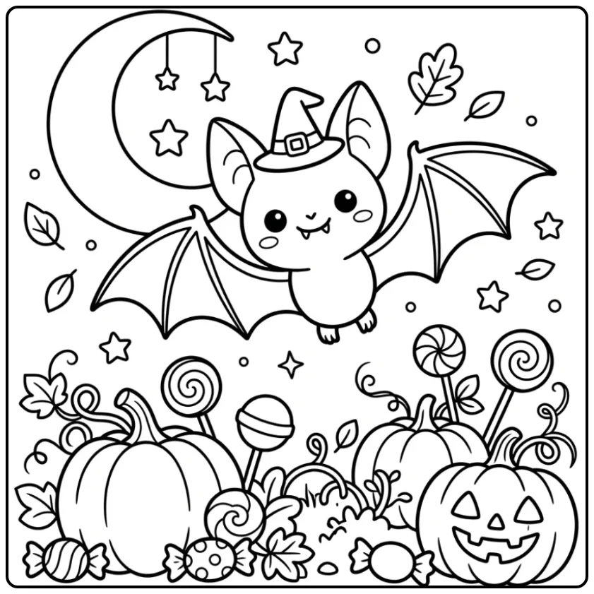 Cheerful Halloween Bat Above Pumpkins coloring page