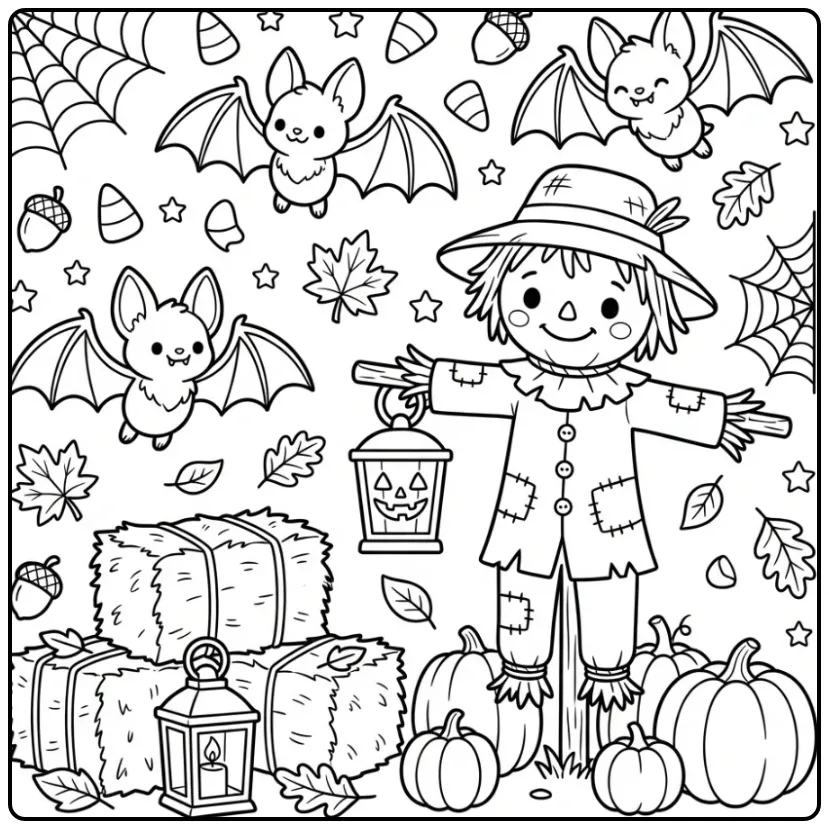 Cheerful Halloween Bat with Autumn Pumpkins coloring page