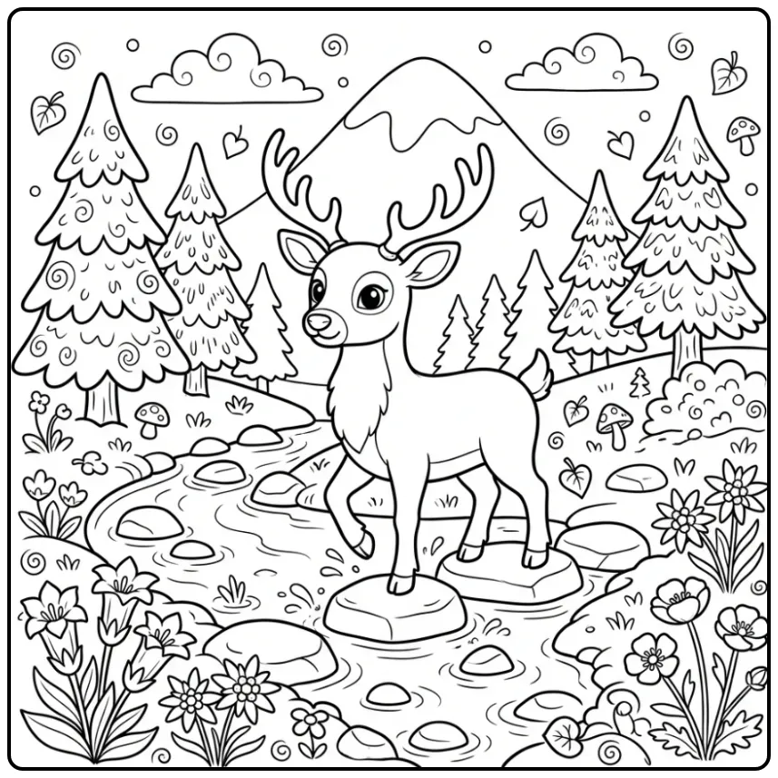 Cheerful Deer in Nature with Pine Trees coloring page