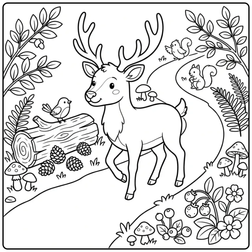 Cheerful Deer in the Forest with Pine Cones coloring page