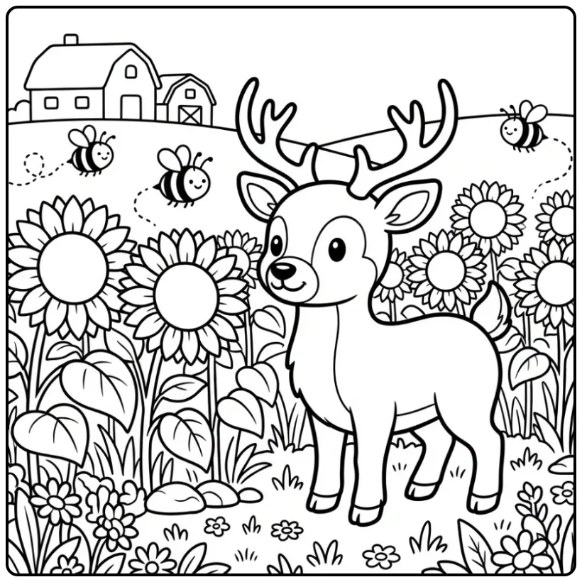 Cheerful Deer Among the Big Sunflowers coloring page