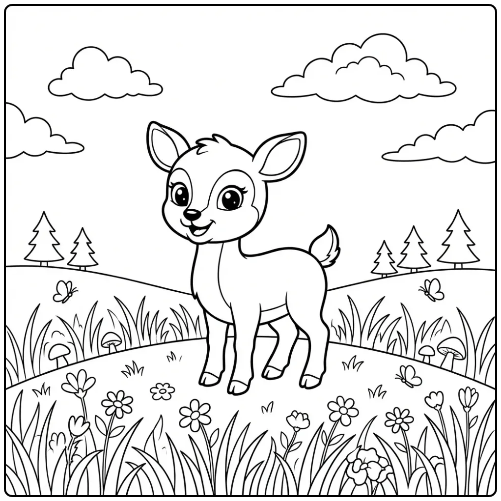 Cheerful Fawn Among Flowers and Trees coloring page
