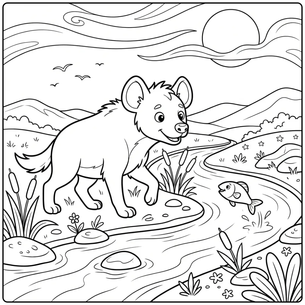 Hyena coloring page showing a hyena by the river