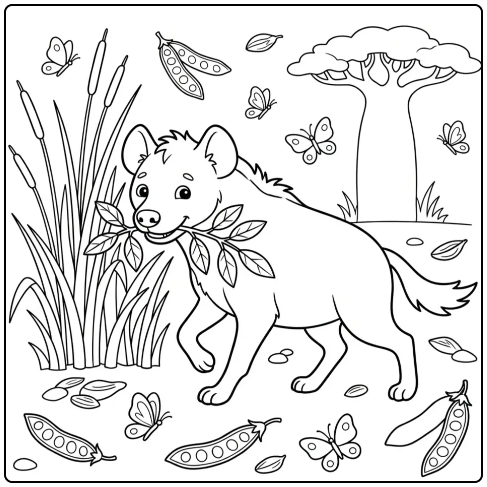 Hyena coloring page showing a hyena with a twig