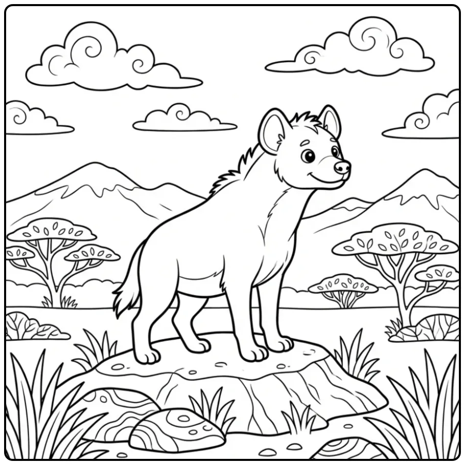 Hyena coloring page showing a hyena on a rock