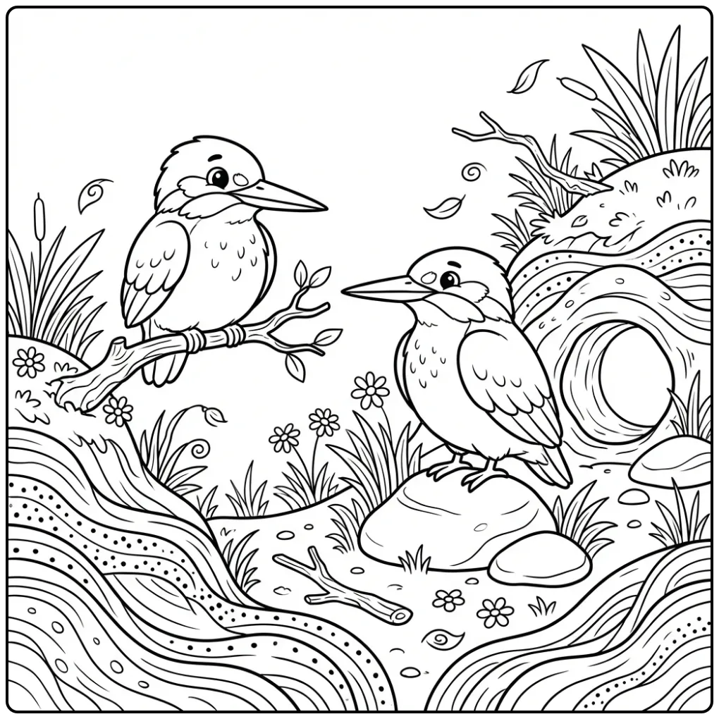Cheerful Kingfisher at the Riverbank coloring page