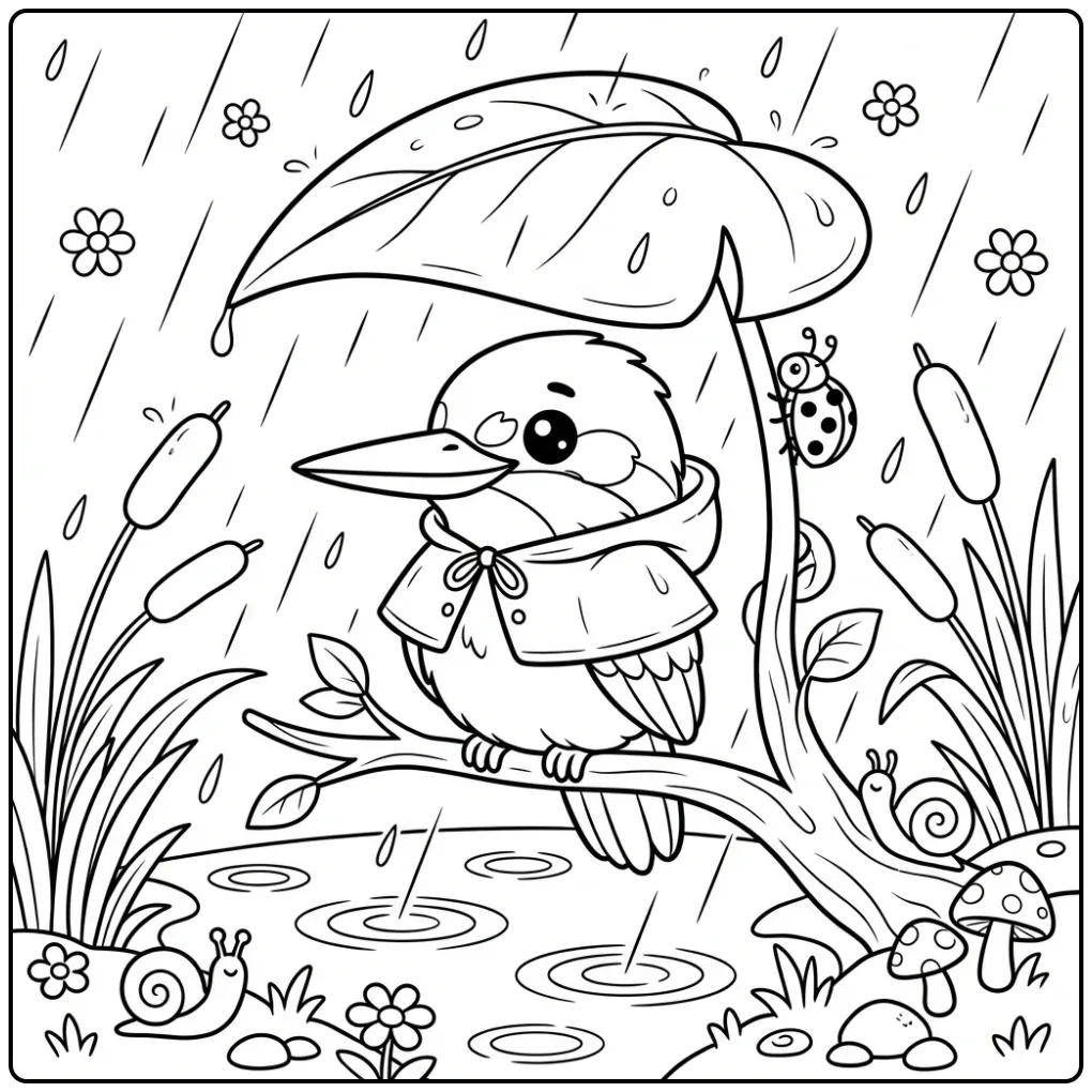 Cheerful Kingfisher with Umbrella of Leaves coloring page