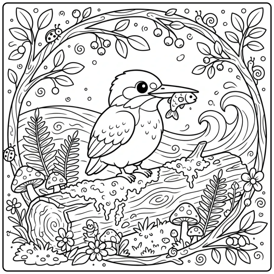 Cheerful Kingfisher with Fish on a Mossy Branch coloring page