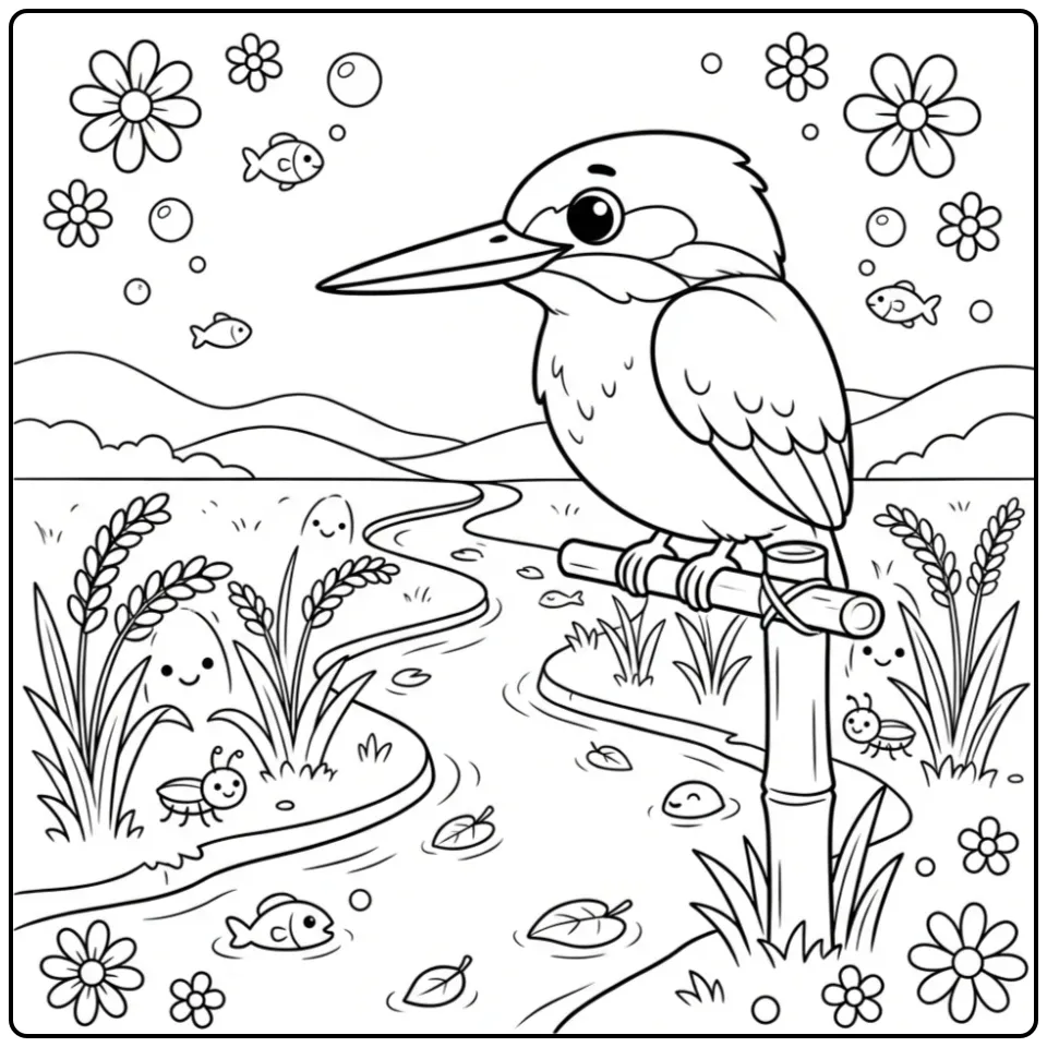 Cheerful Kingfisher on a Bamboo Pole coloring page