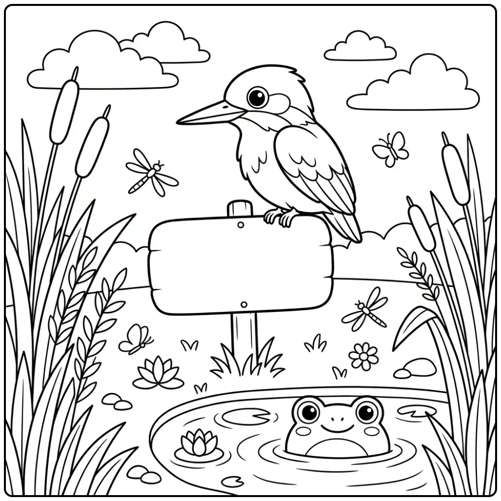 Cheerful Kingfisher on a Wooden Sign coloring page