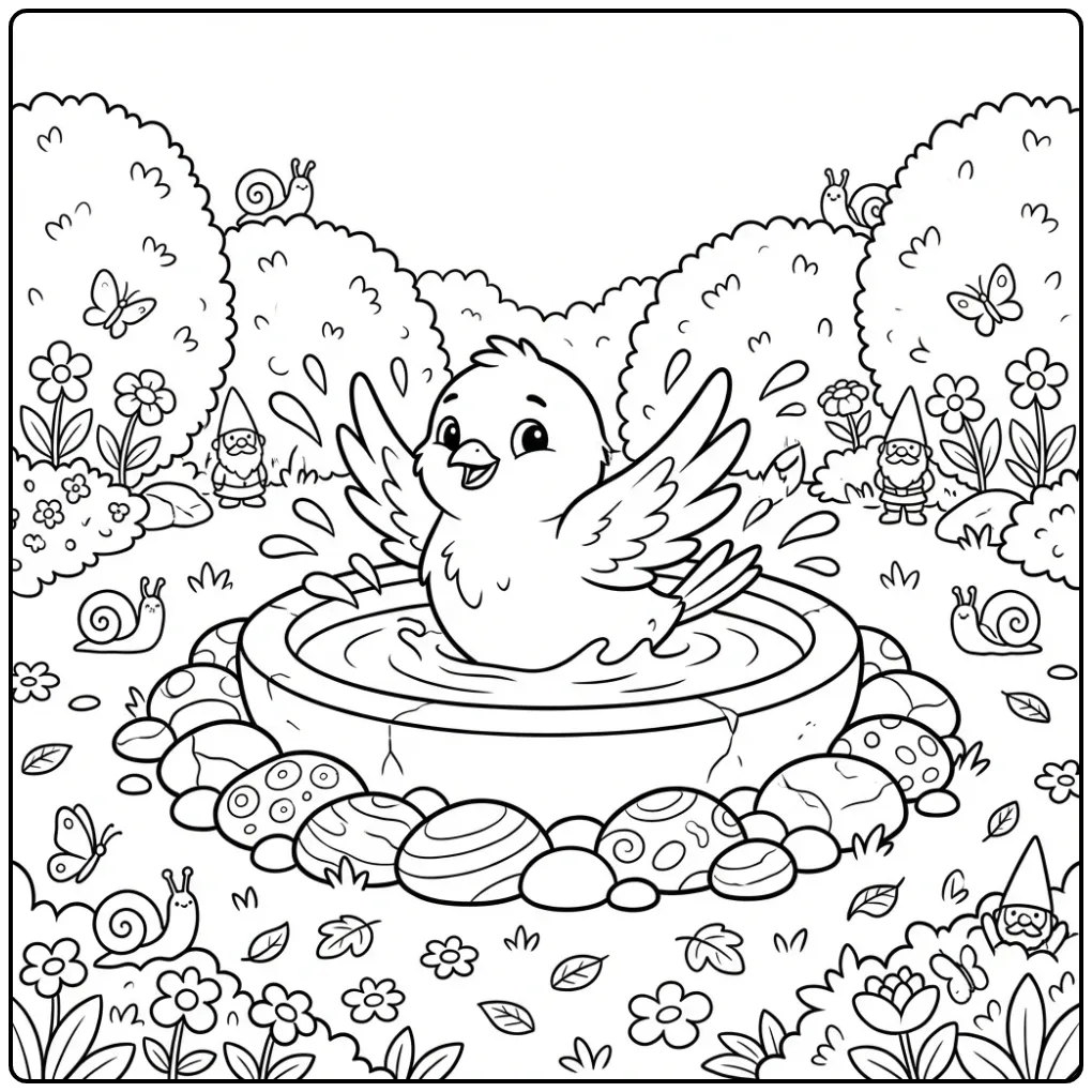 Cheerful Canary Bathing in the Garden coloring page