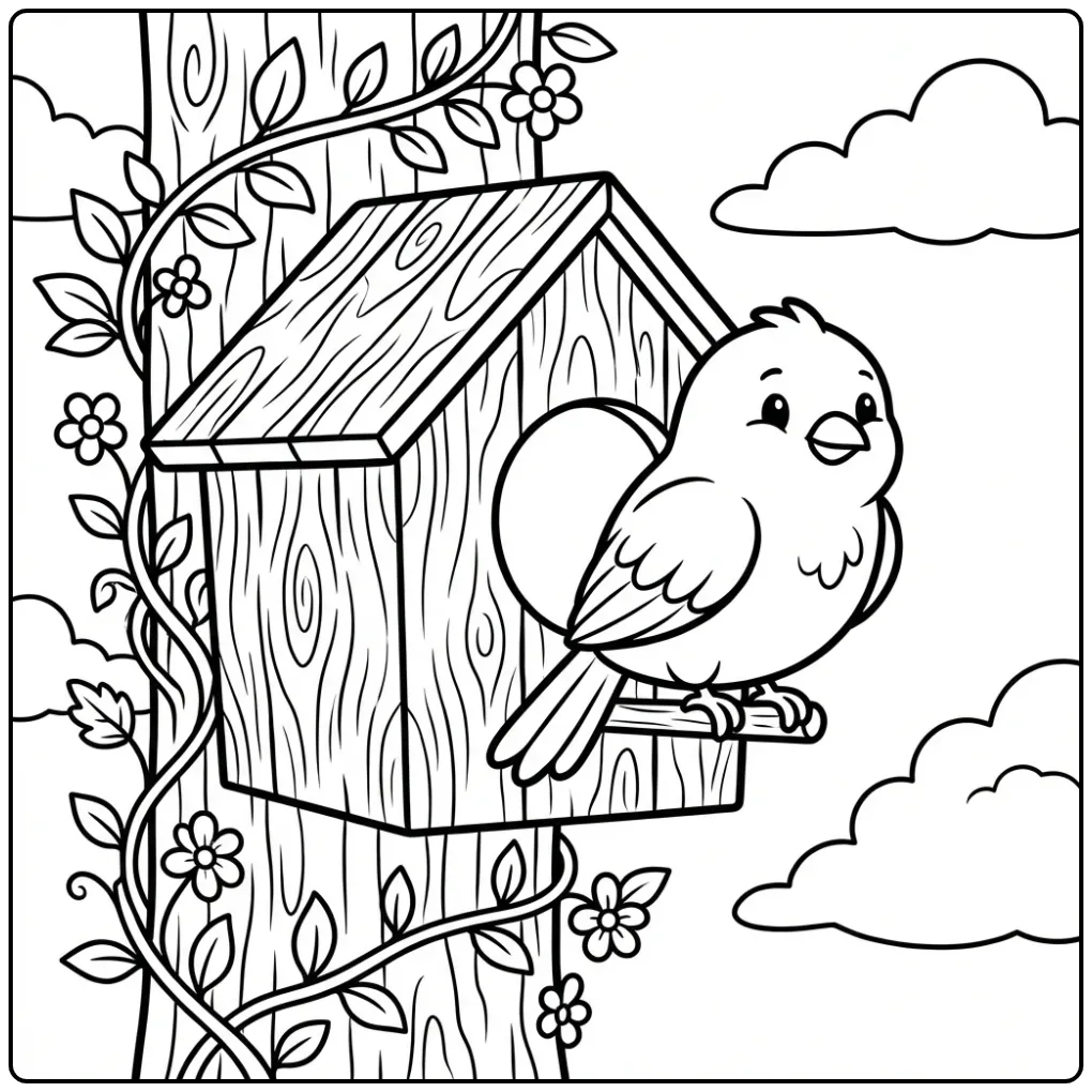 Cheerful Canary with a Nest Box in the Tree coloring page