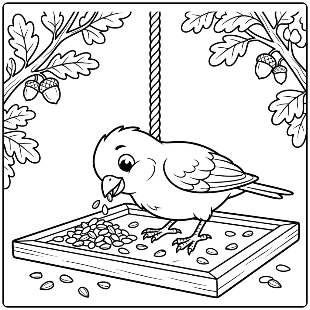 Cheerful Canary Eating Seeds from a Bowl coloring page