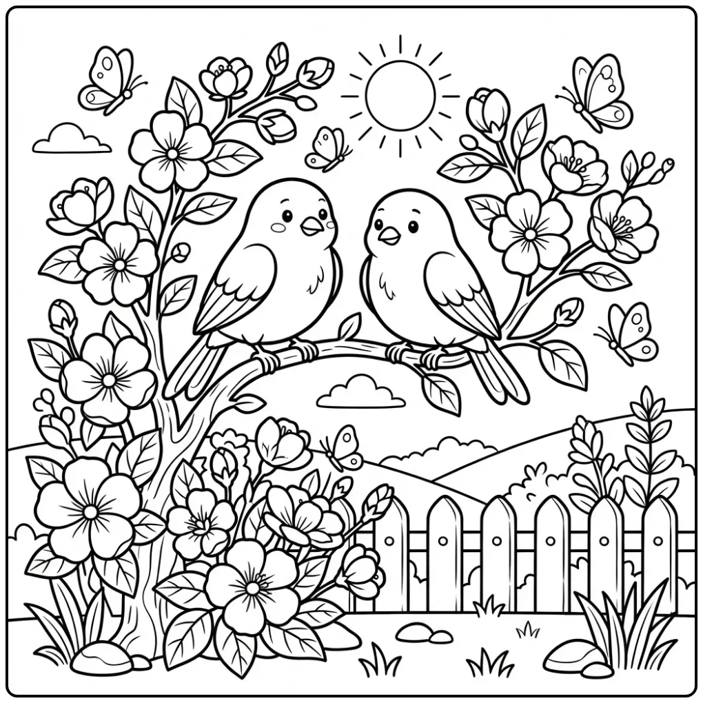 Cheerful Canary in a Flower Garden coloring page