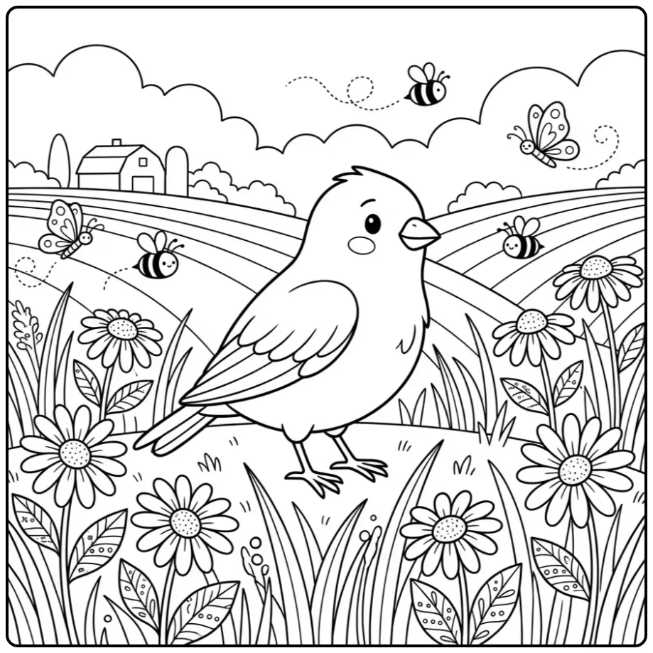 Cheerful Canary in a Meadow with Flowers coloring page