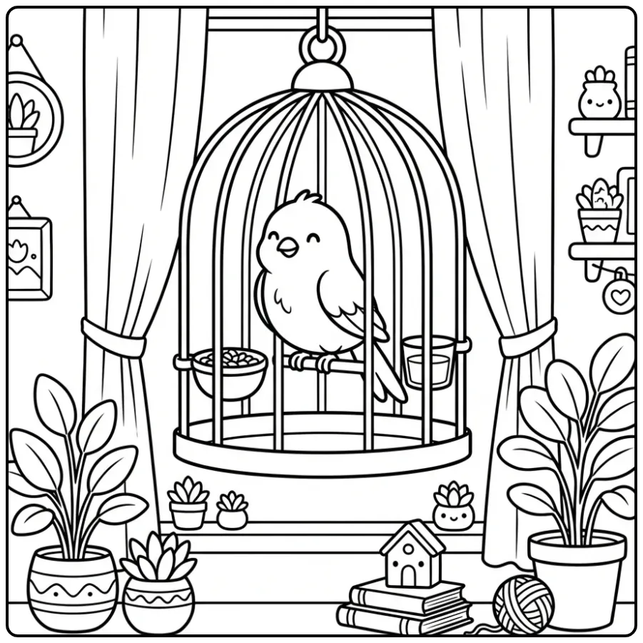 Canary coloring page in a cage by the window