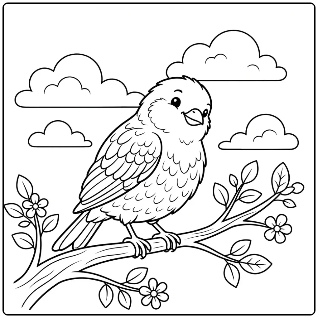 Cheerful Canary Sitting on a Tree Branch coloring page