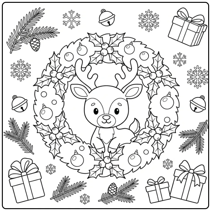 Cheerful Christmas Deer with Festive Gifts coloring page