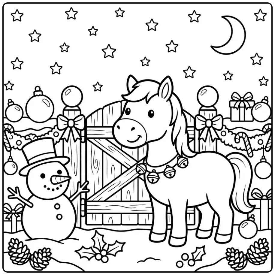 Cheerful Christmas Horse with the Fence coloring page