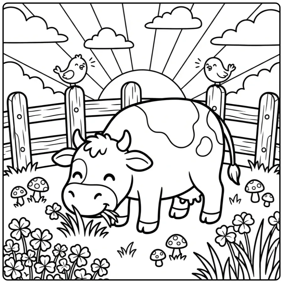 Cheerful Cow Eating Grass in a Meadow coloring page
